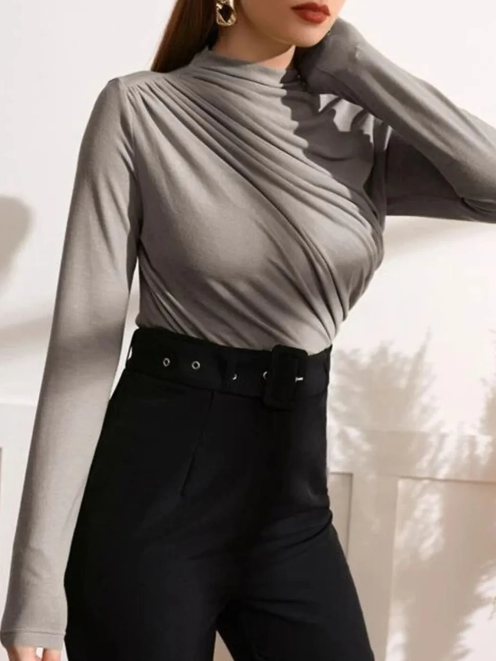 Mock Neck Ruched Long Sleeve T-Shirt, image 15