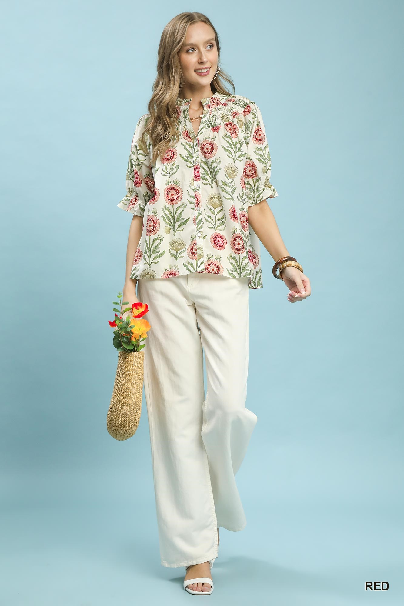 Floral Button-Front Short Sleeve Top, image 4
