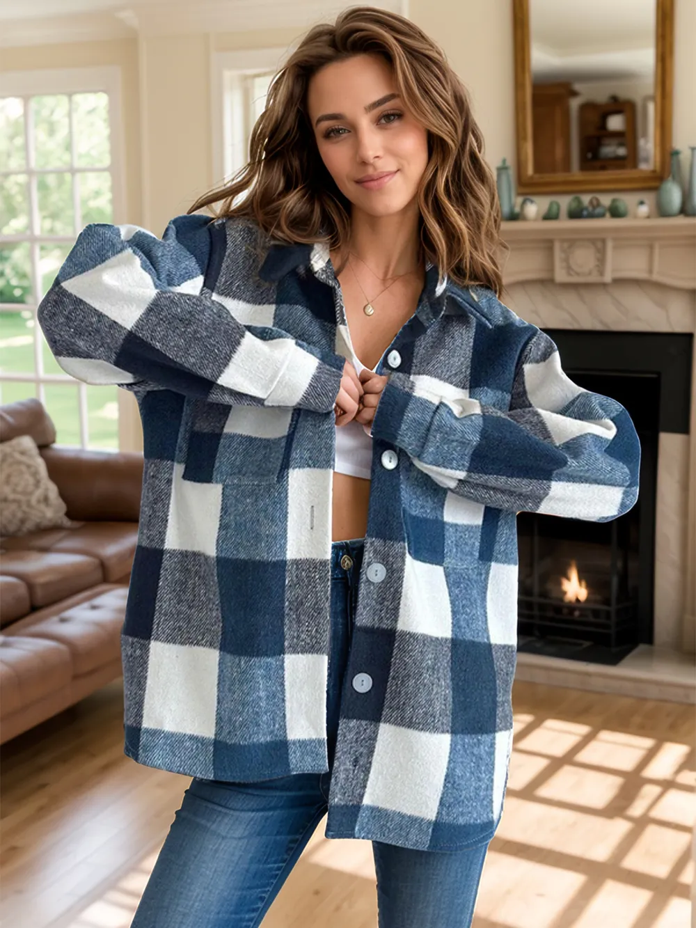 Plaid Button Up Long Sleeve Shacket, image 4
