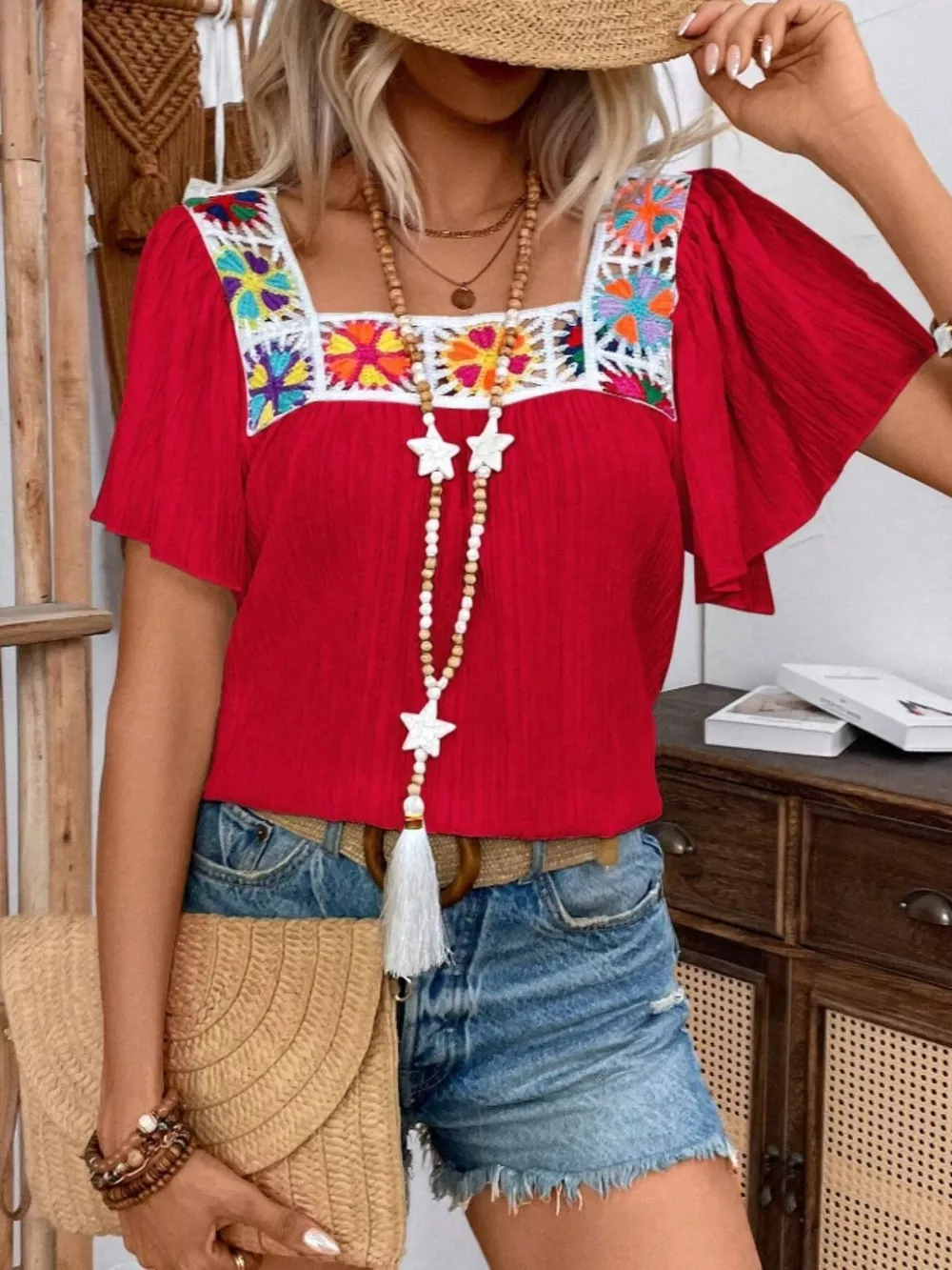 Embroidered Square Neck Flutter Sleeve Blouse, image 6