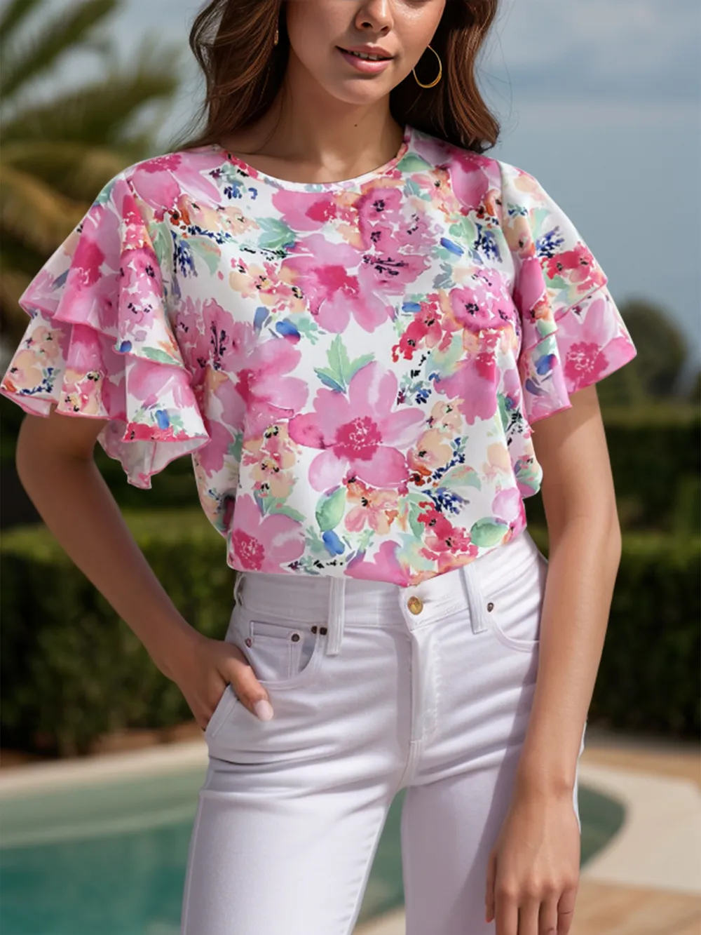 Floral Round Neck Flutter Sleeve Blouse, image 2