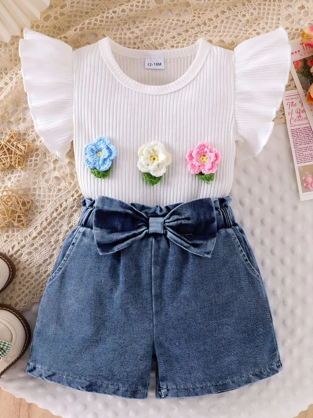 Children's Ruffled Flower Top and Denim Shorts Set, image 3
