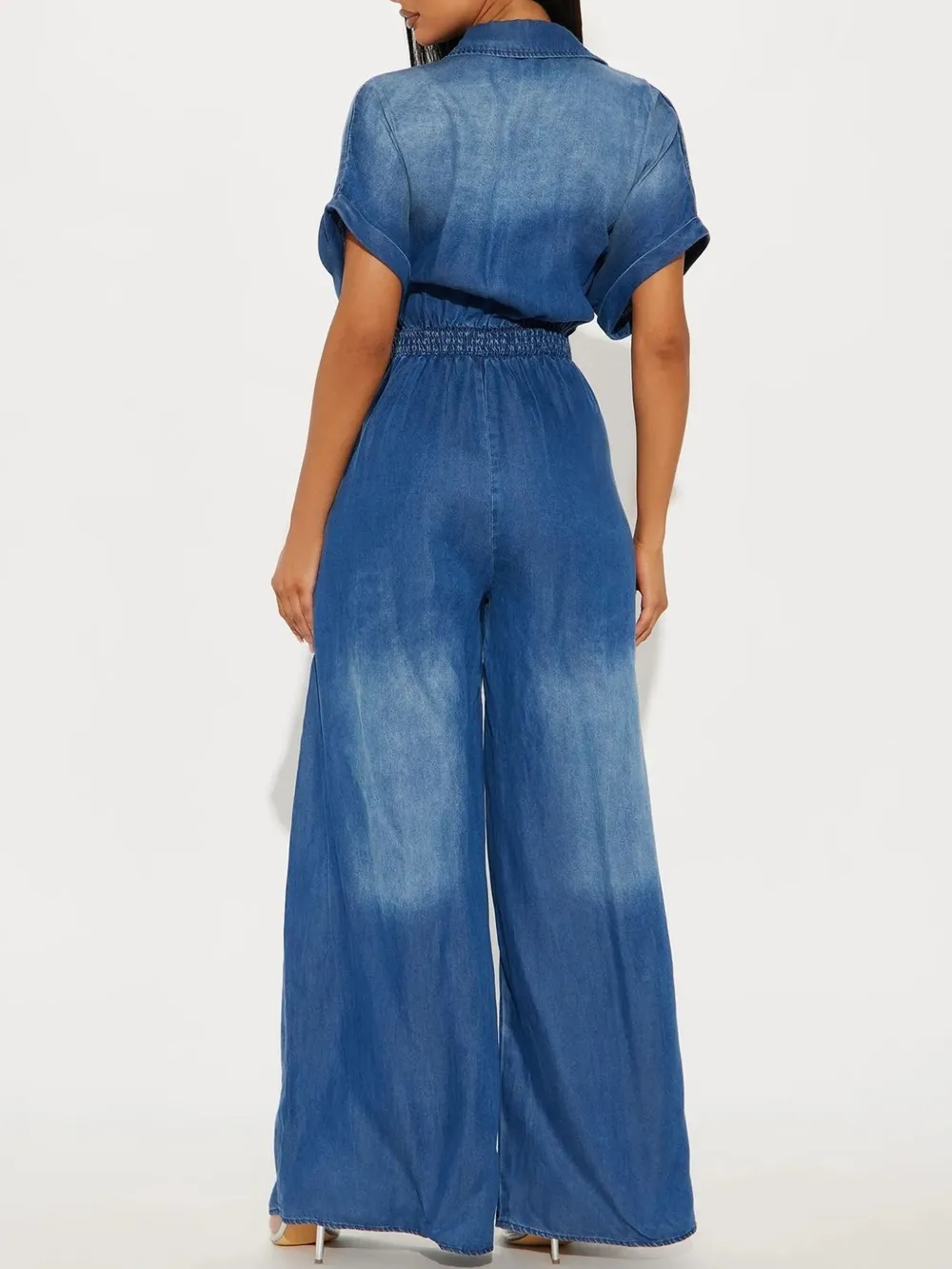Button Front Wide Leg Denim Jumpsuit, image 5