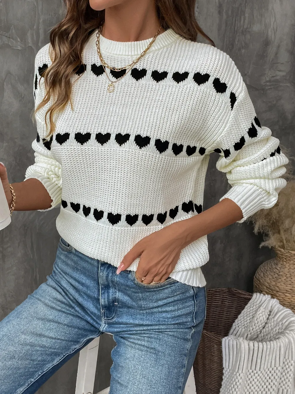 Heart Round Neck Long Sleeve Sweater, image 4