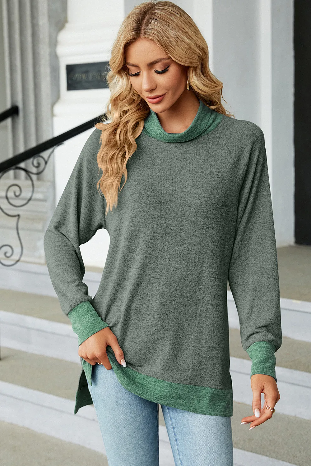 Slit Mock Neck Long Sleeve T-Shirt, image 13