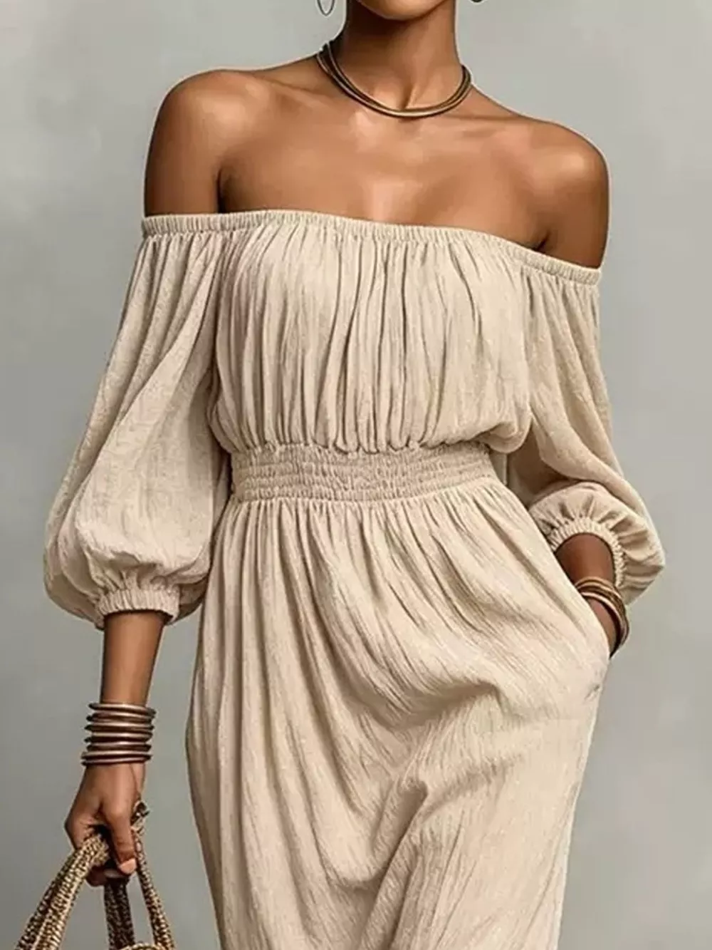 t Off-Shoulder Smocked Waist Maxi Dress, image 3
