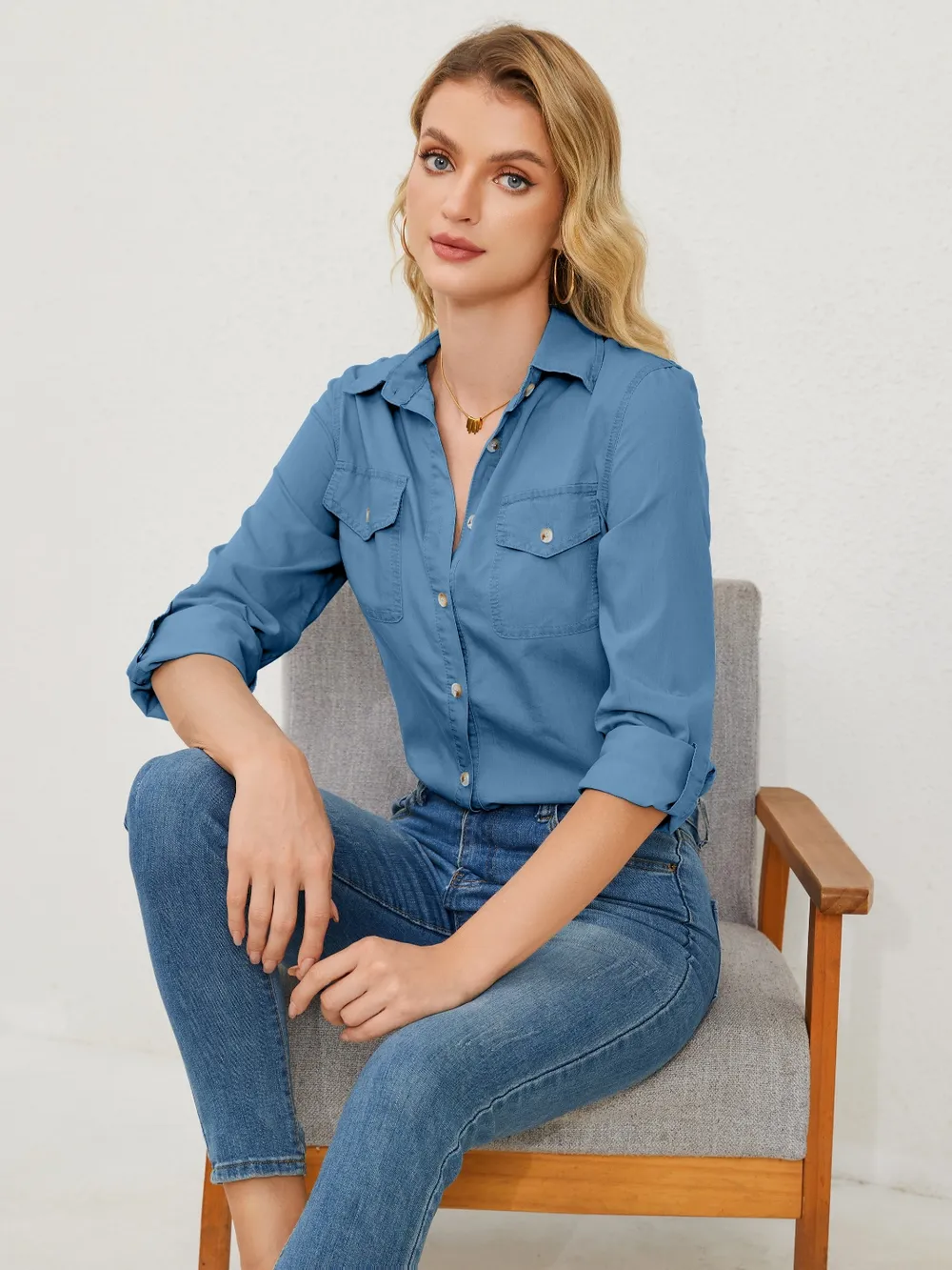 Pocketed Button Up Long Sleeve Denim Shirt, image 12