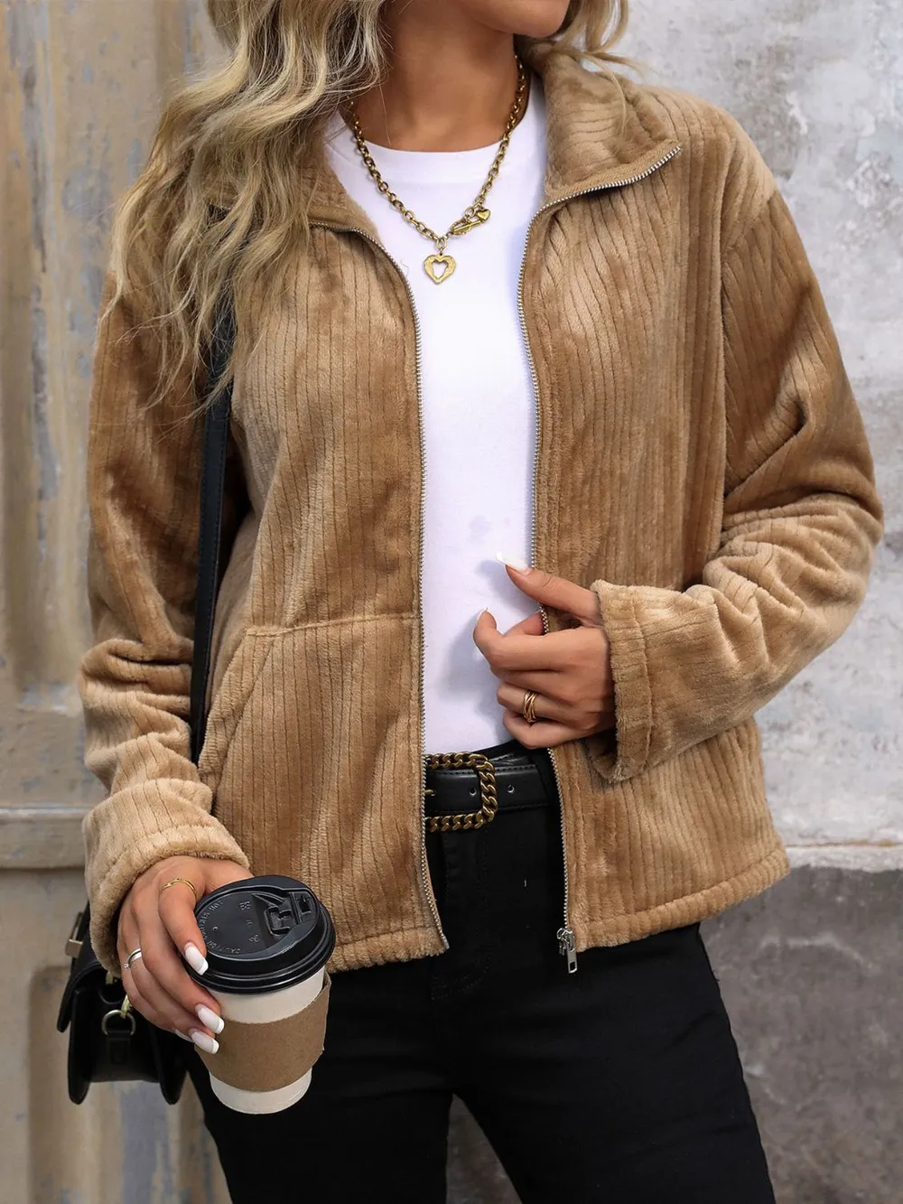 Pocketed Zip Up Collared Neck Long Sleeve Jacket, image 3