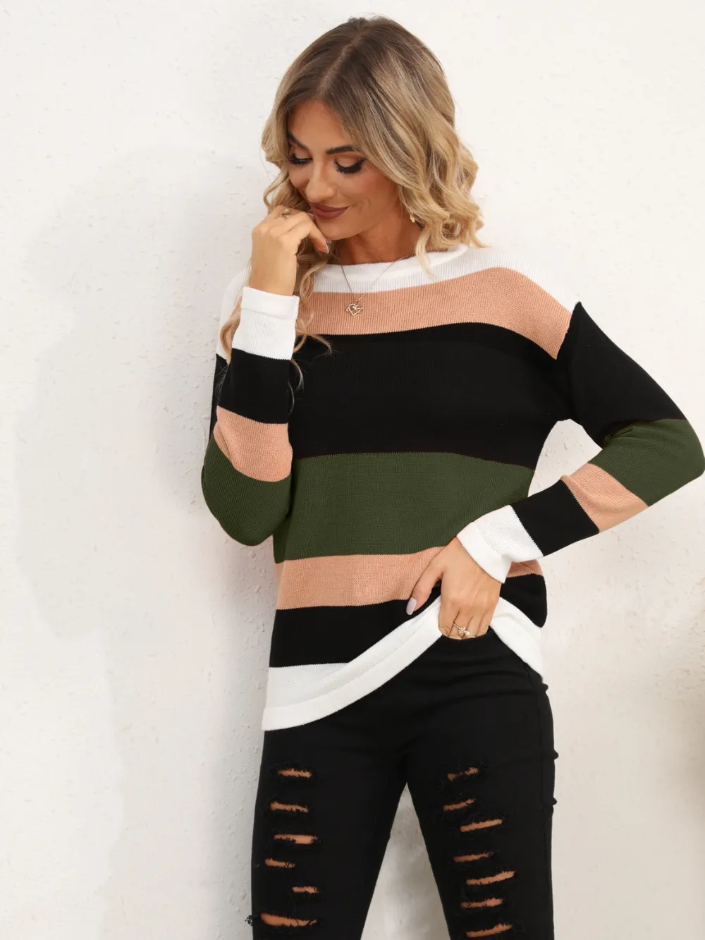 Striped Round Neck Dropped Shoulder Sweater, image 27