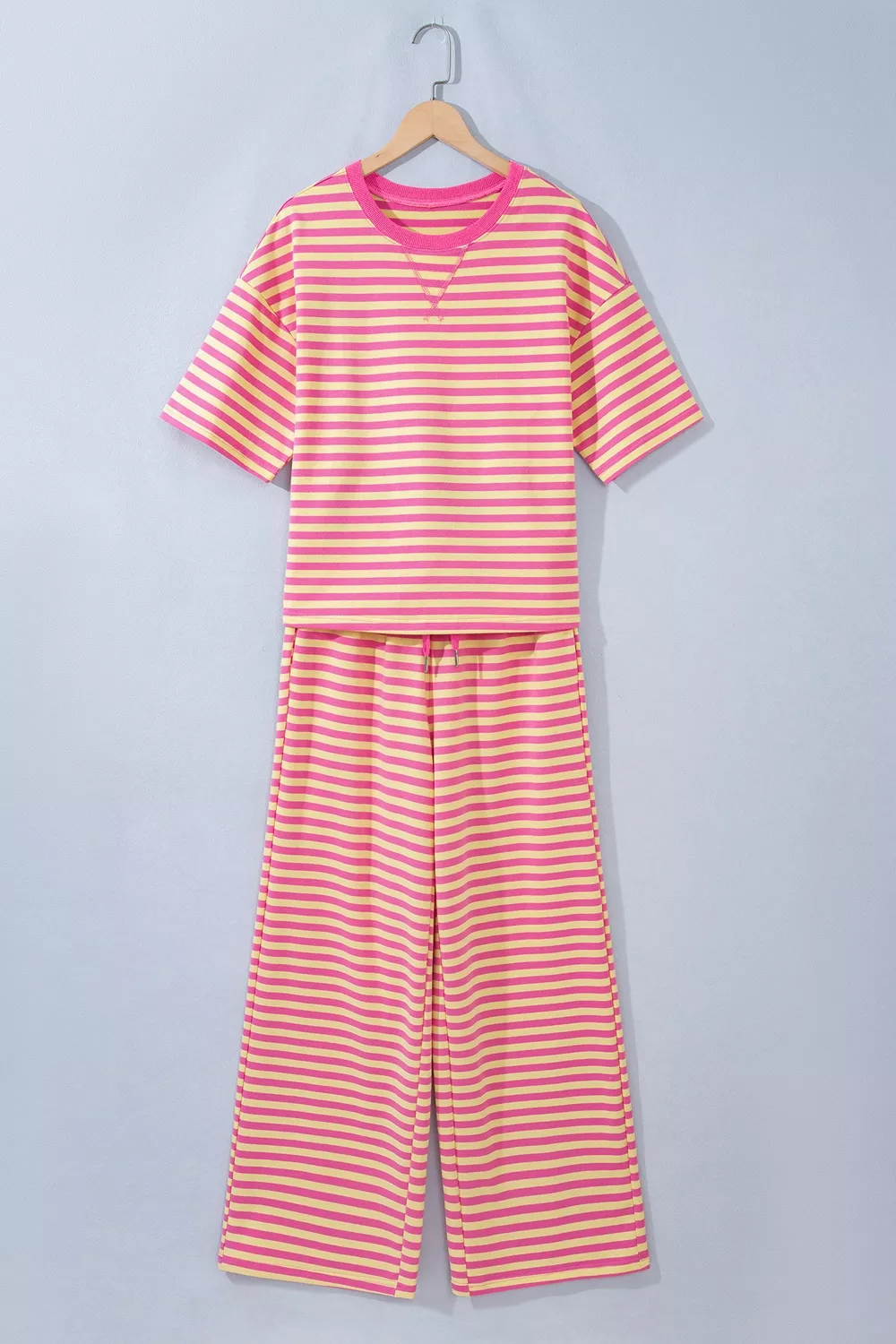 Stripe Colorblock Trim Crew Neck Loose Tee Drawstring Elastic Waist 2pcs Pant Set, image 12