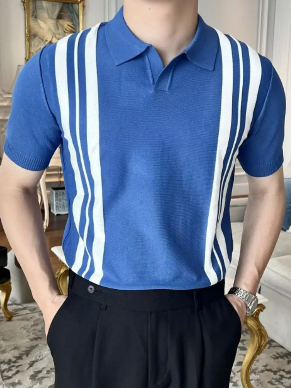 Men's Plus Size Contrast Collared Neck Short Sleeve Polo, image 7
