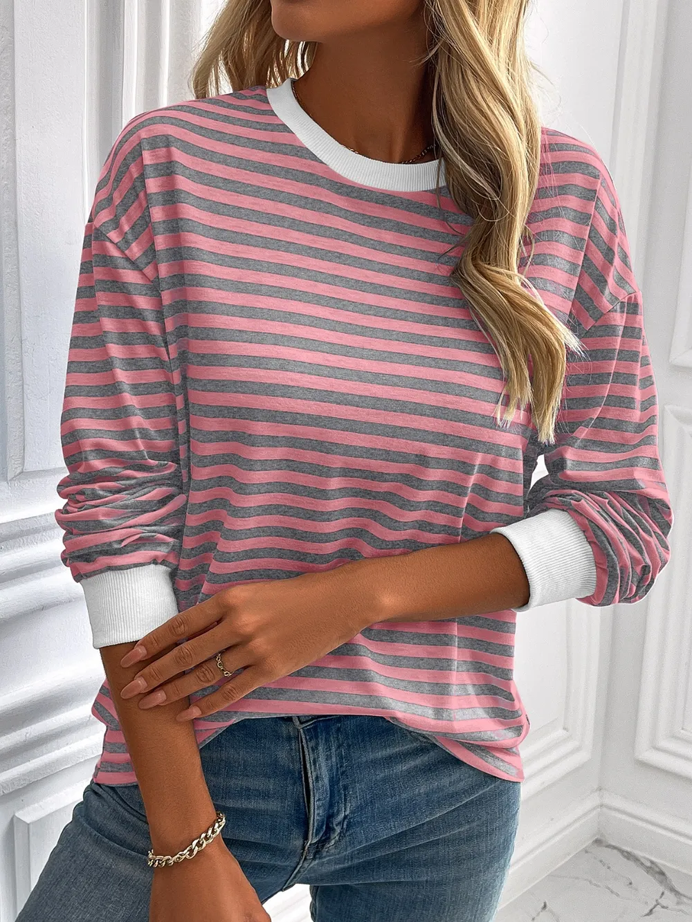 Striped Round Neck Long Sleeve Sweatshirt, image 7