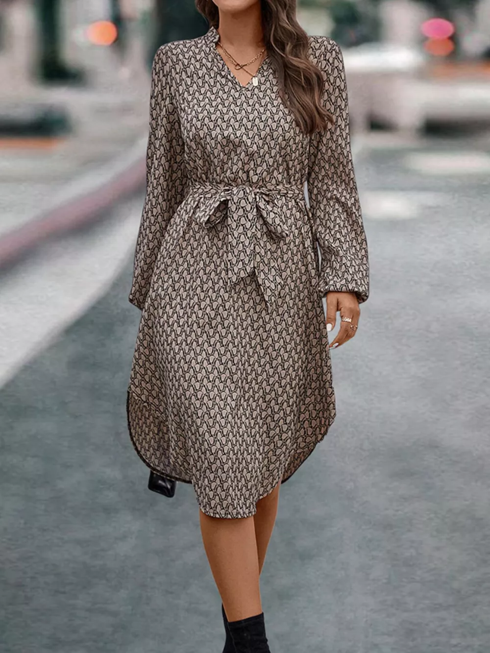 V-Neck Long Sleeve Printed Dress, image 6