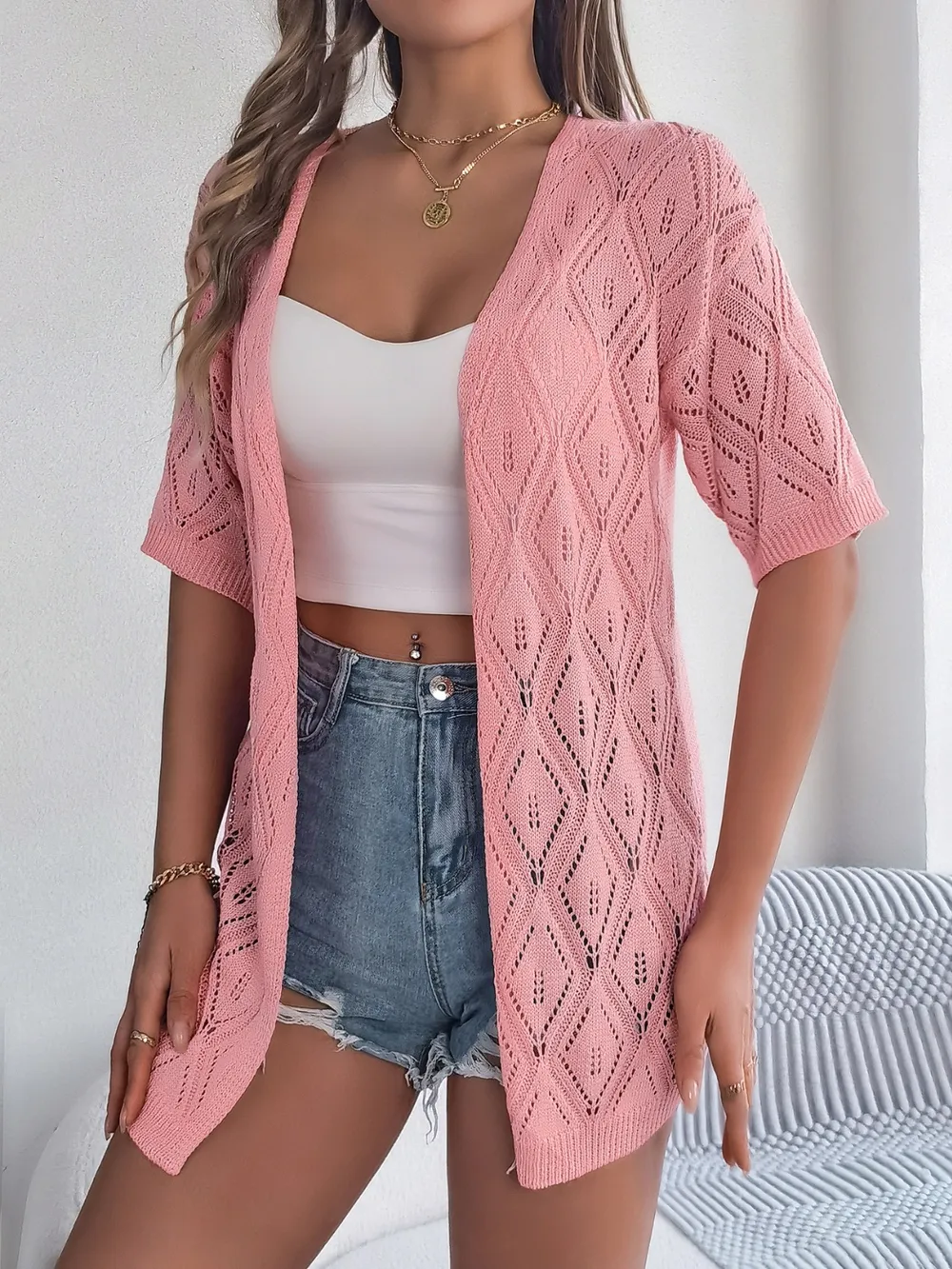 Openwork Open Front Half Sleeve Cardigan, image 14