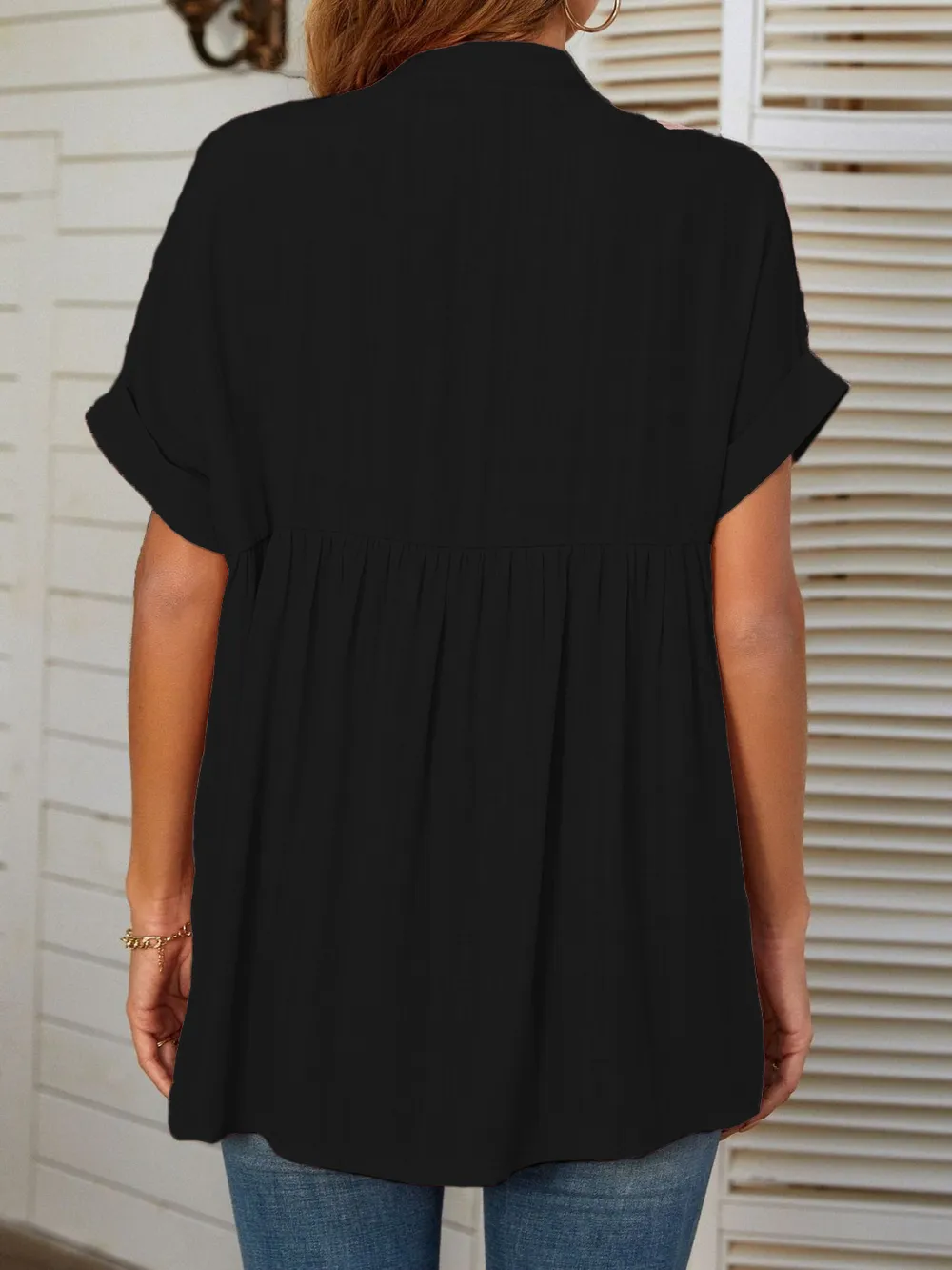 Side Slit Notched Short Sleeve Blouse, image 15