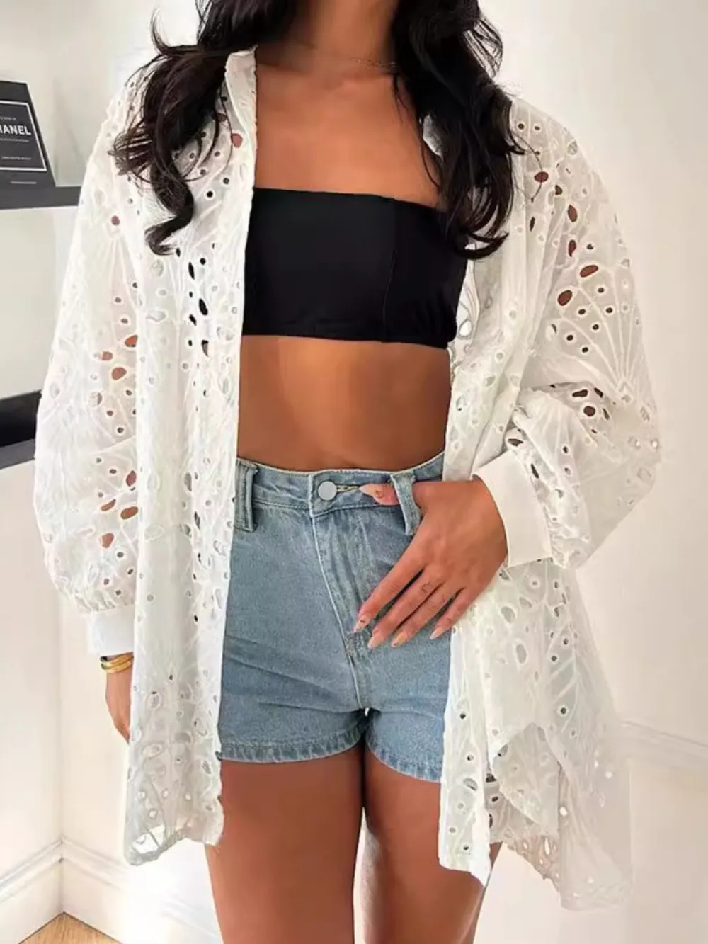 Cutout Collared Neck Long Sleeve Shirt, image 3