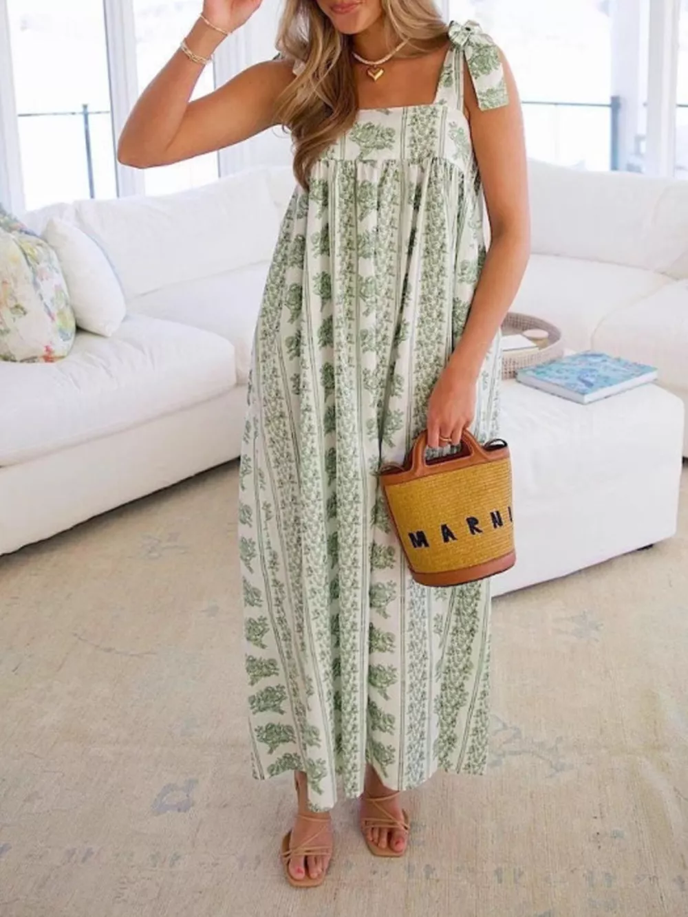 Elegant Floral Print Tie-Shoulder Dress, image 3