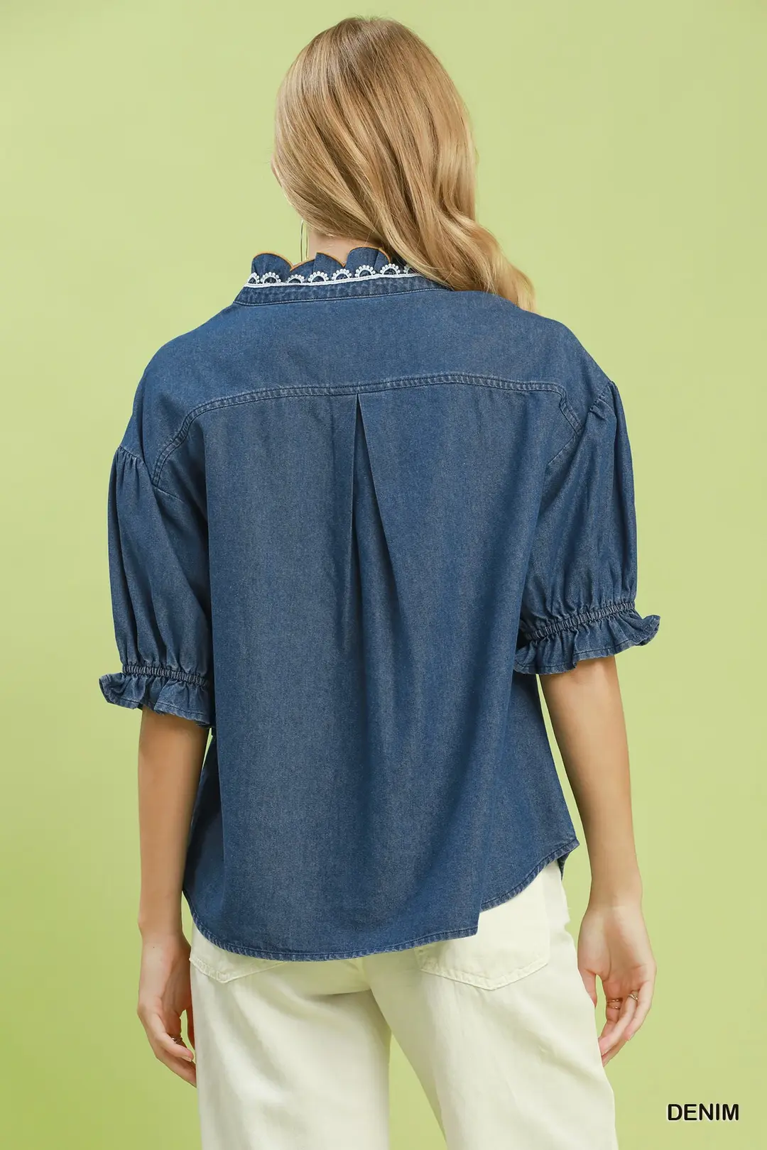 Chambray Scalloped Trim Button Front Blouse, image 3