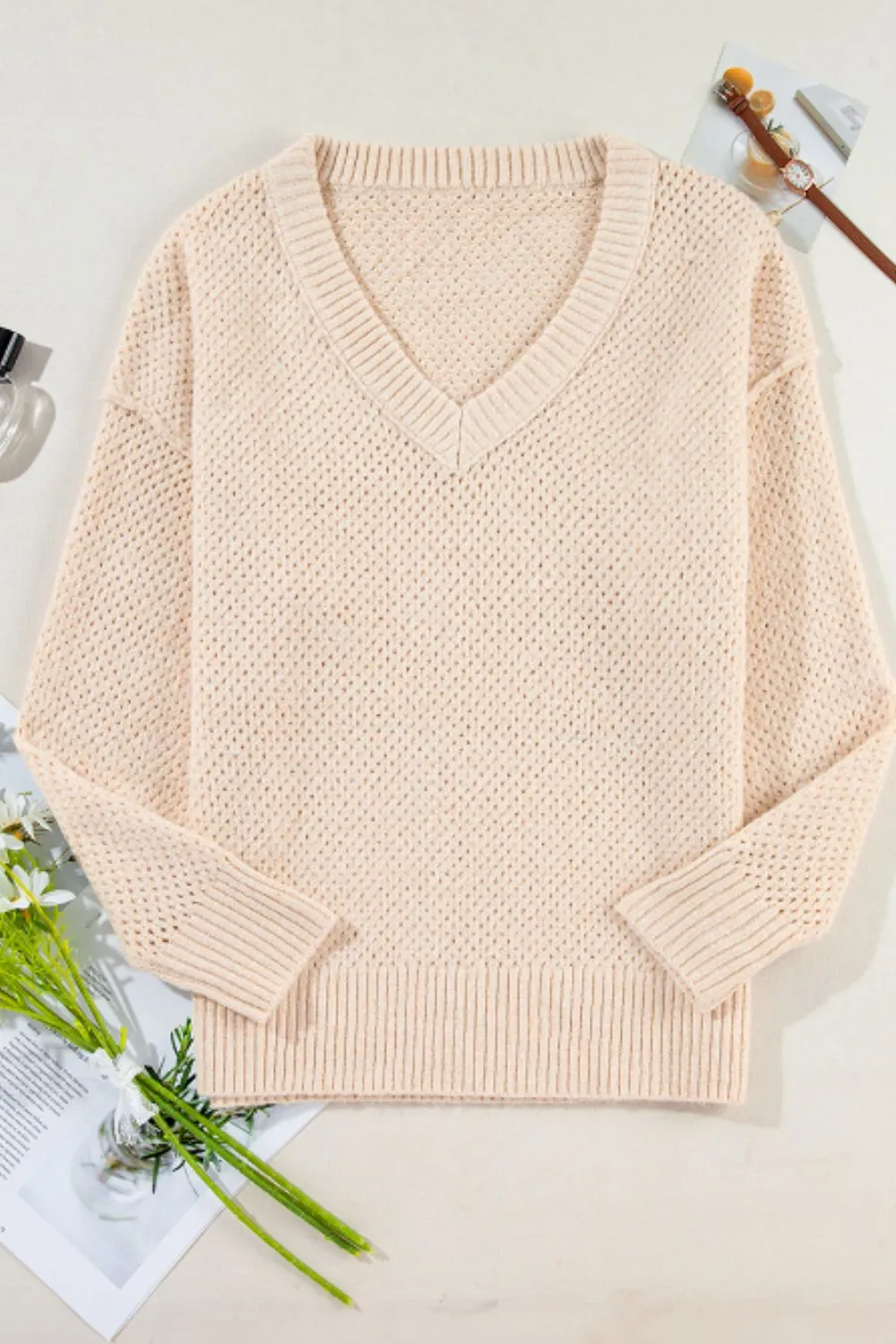 V-Neck Dropped Shoulder Long Sleeve Sweater, image 10
