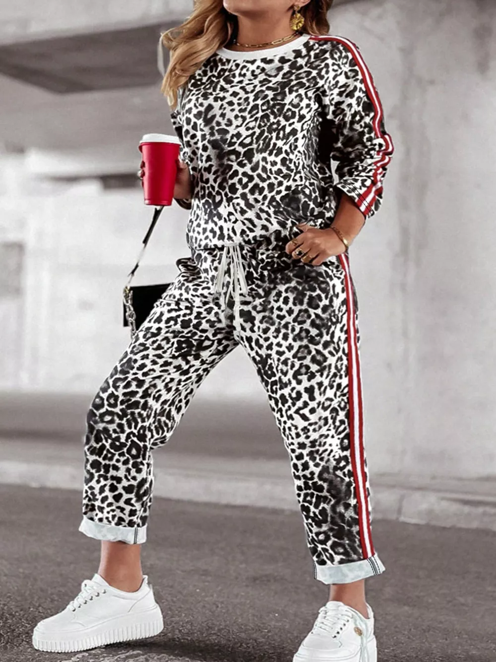 Plus Size Leopard Print Long Sleeve Top and Pants Set, image 8