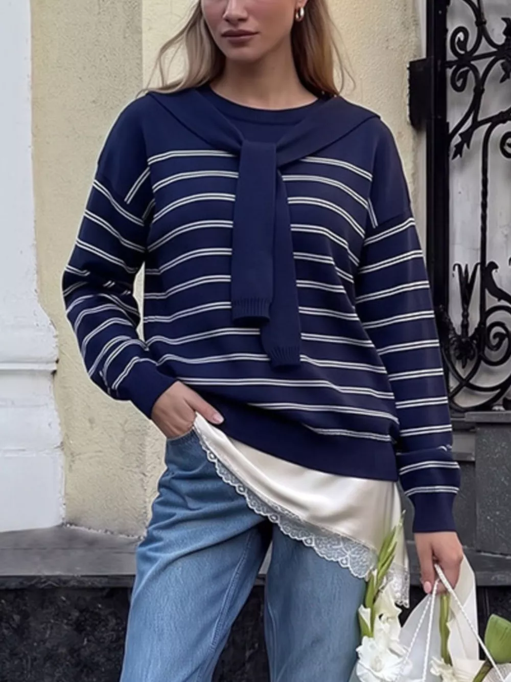 Classic Striped Crewneck Knit Top with Layered Sweater Detail, image 15