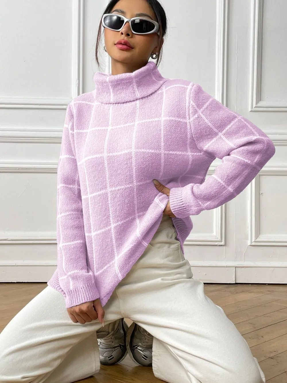 Plaid Turtleneck Long Sleeve Sweater, image 5