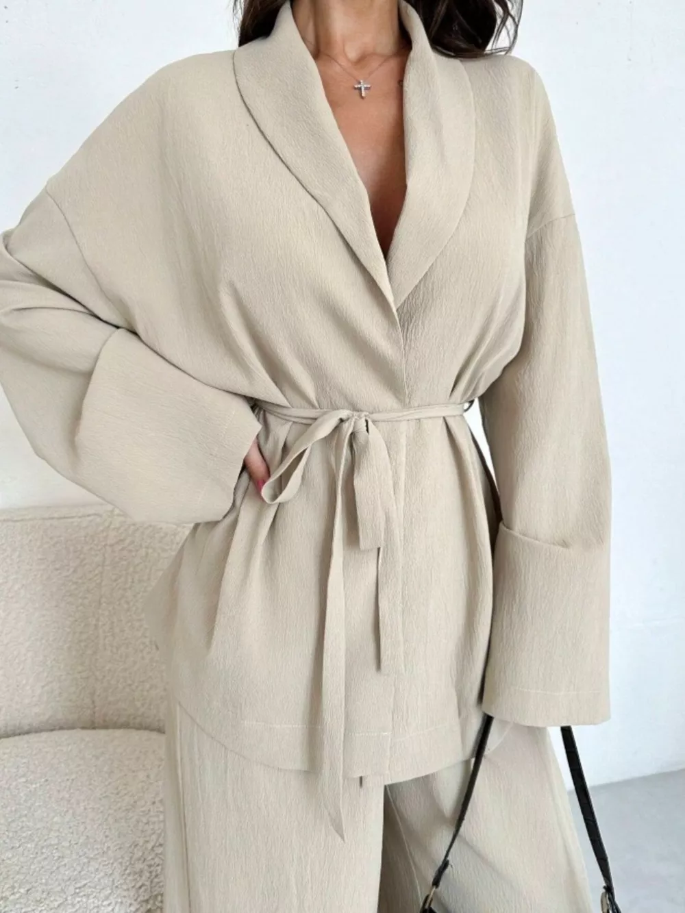 Textured Tie Waist Top and Wide-Leg Pants Set, image 2