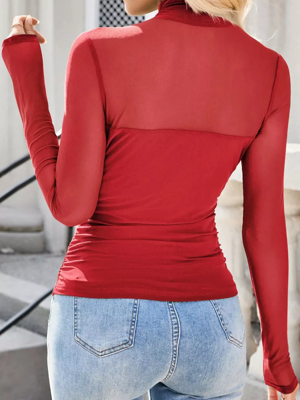 Sheer Mesh Patchwork High Neck Long Sleeve Top, image 8