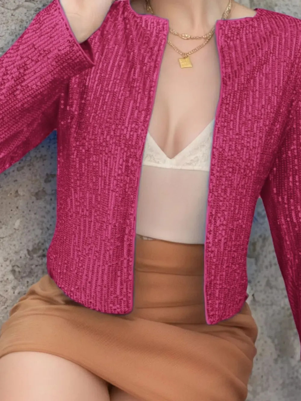 Full Size Sequin Open Front Cropped Jacket, image 8