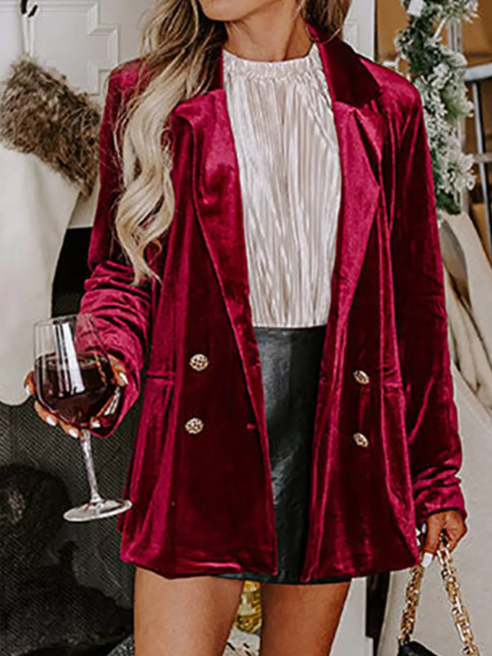 Velvet Lapel Collar Button Up Blazer, image 6