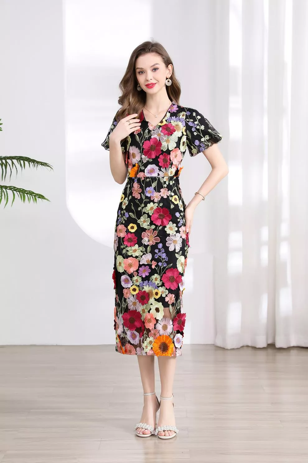 Floral Embroidered Puff Sleeve Midi Dress, image 28