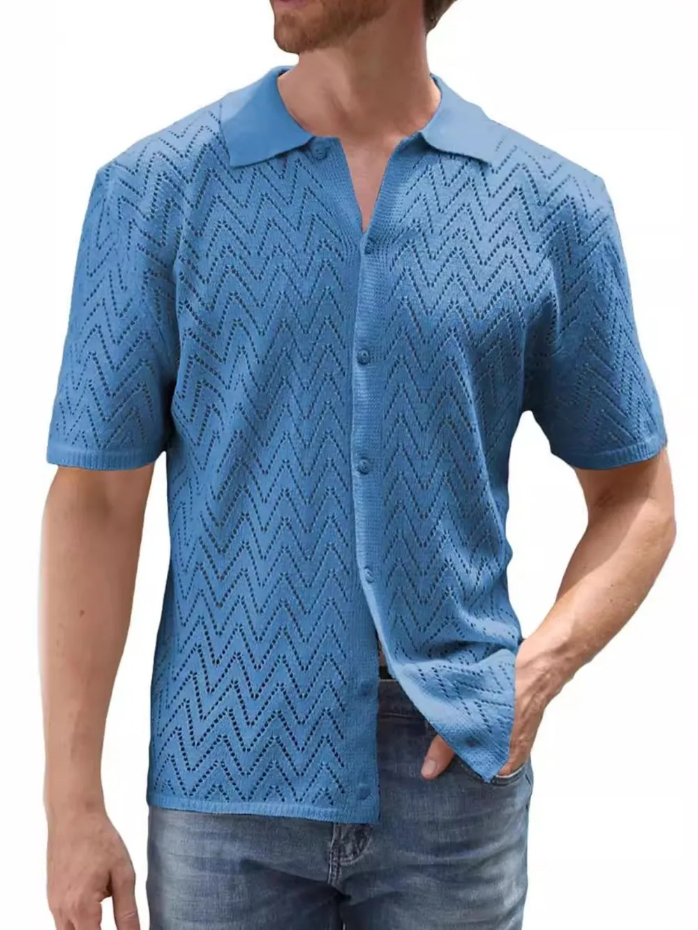 Men's Full Size Openwork Button Down Short Sleeve Shirt Plus Size, image 3