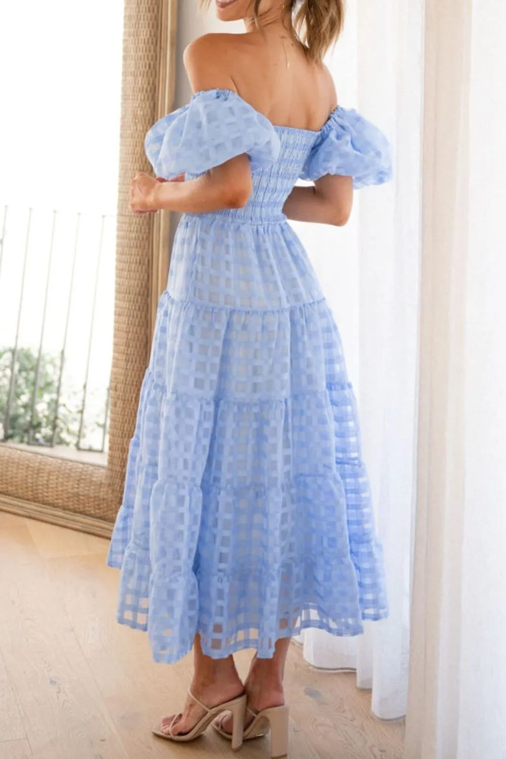 Off Shoulder Short Puff Sleeve Midi Dress, image 13