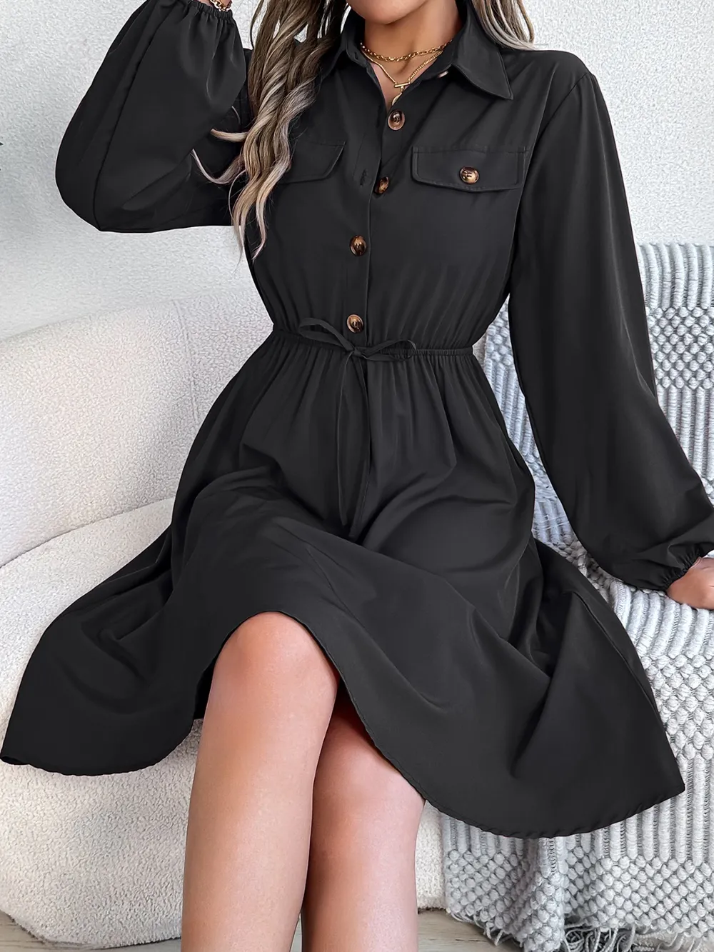 Collared Neck Long Sleeve Dress with Pockets, image 14