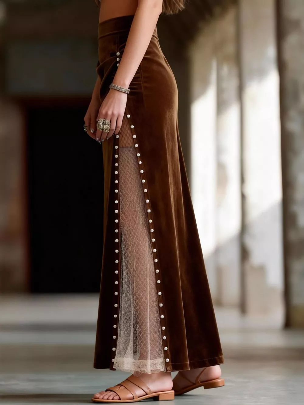 Pearl Trim Slit Maxi Skirt, image 4