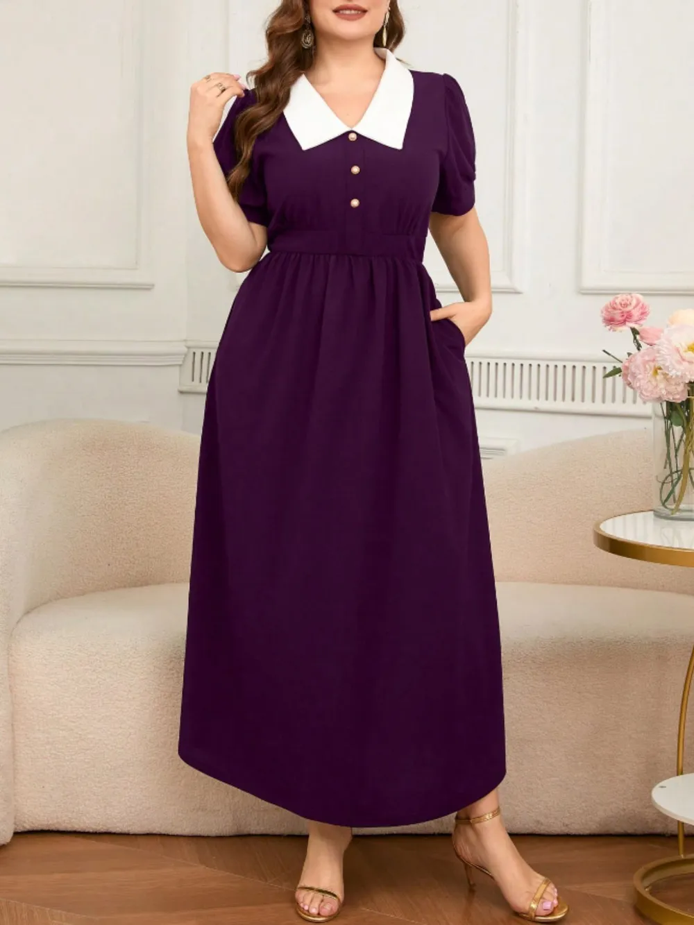 Plus Size Contrast Collar Short Sleeve Dress, image 5
