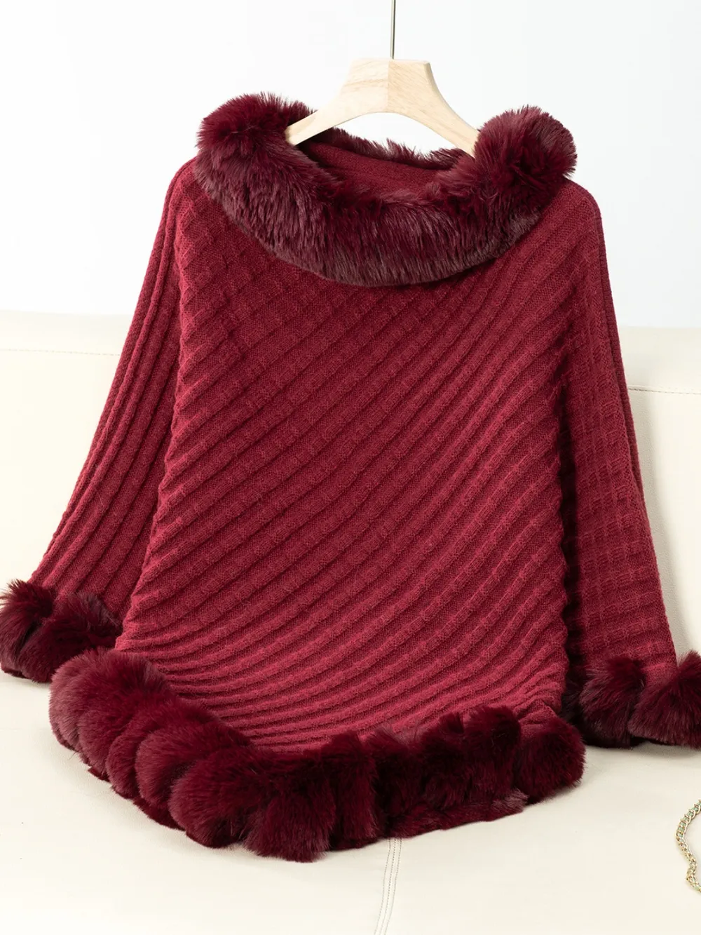 Fuzzy Trim Texture Three-Quarter Sleeve Poncho, image 19