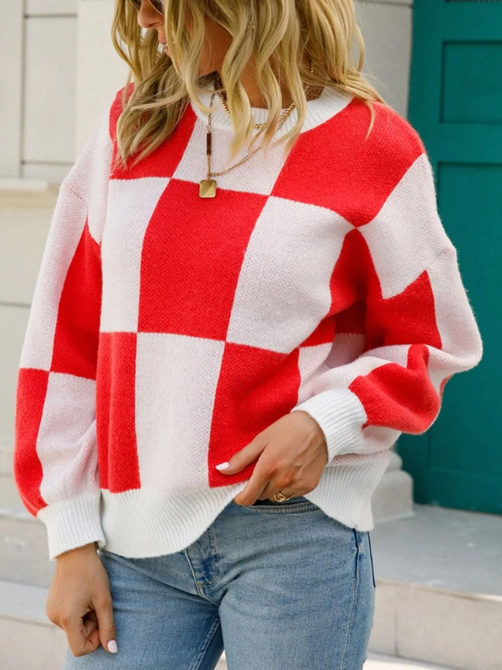 Checkered Round Neck Dropped Shoulder Sweater, image 2