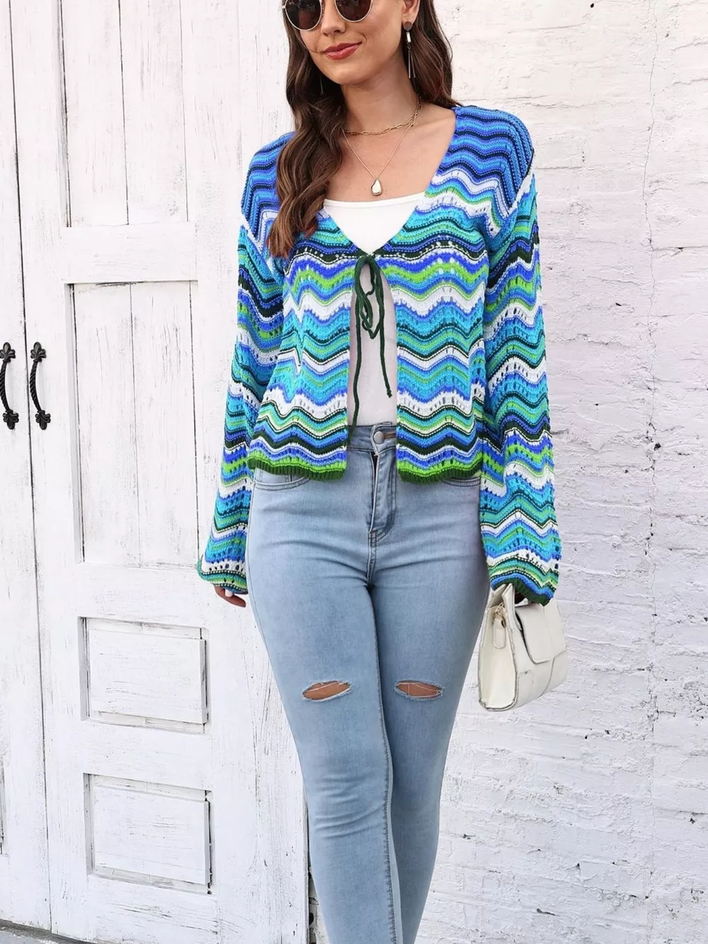 Vibrant Chevron Striped Tie-Front Knit Cardigan, image 13