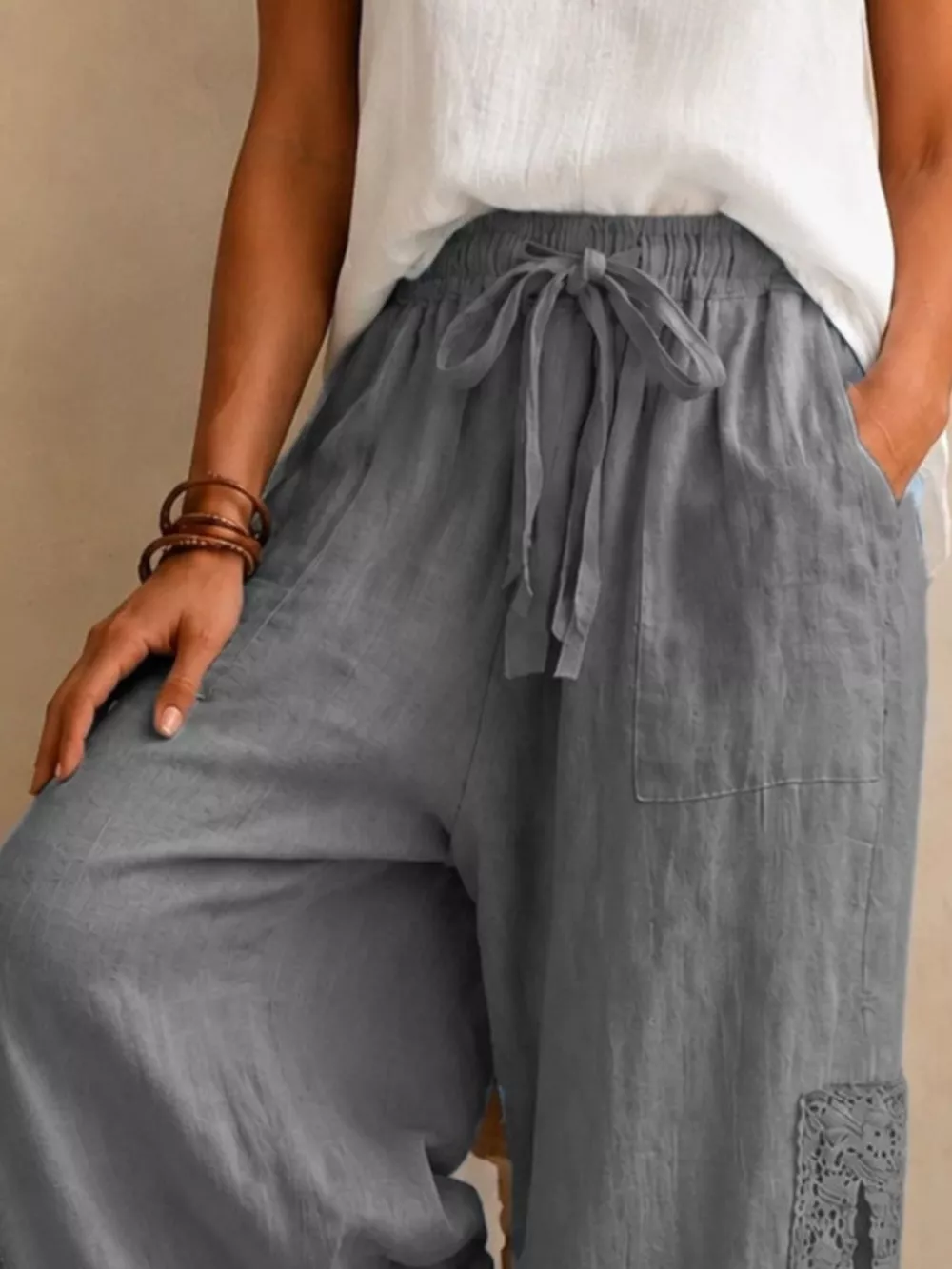 Lace Detail Slit Wide Leg Pants, image 8