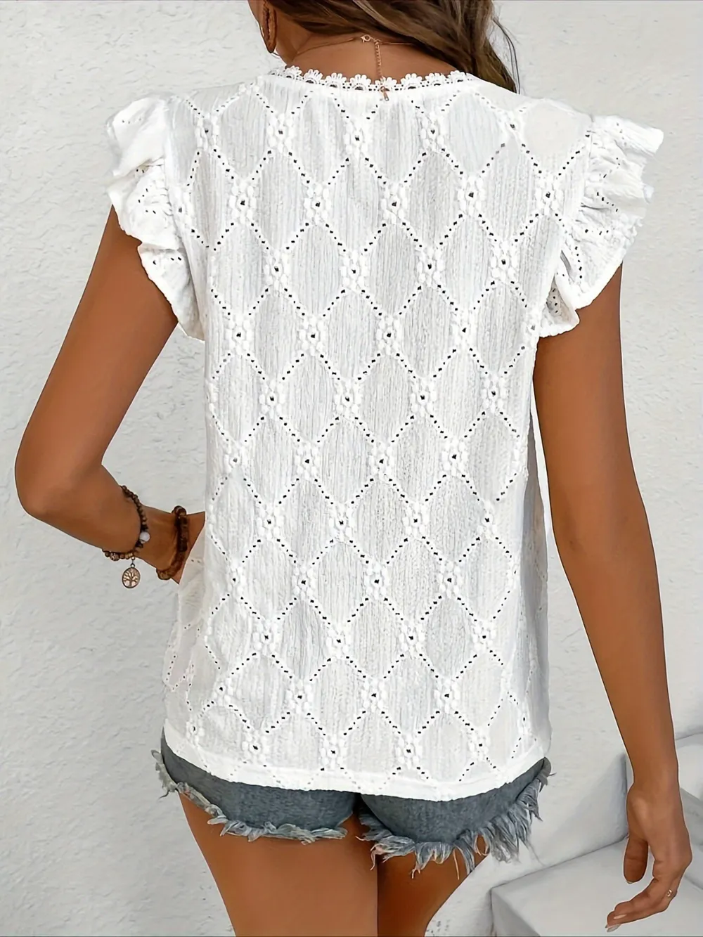 Ruffled Eyelet V-Neck Cap Sleeve Blouse, image 2