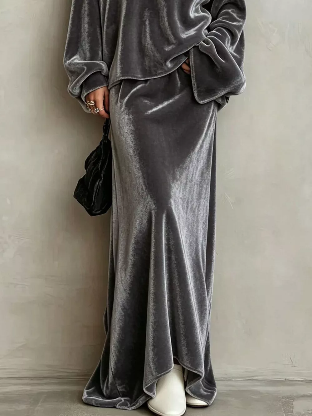 V-Neck Velvet Long Sleeve Top and Maxi Skirt Two-Piece Set, image 11