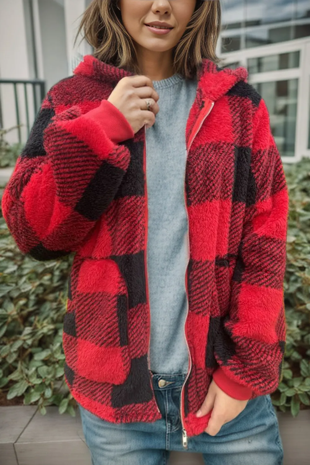 Full Size Plaid Long Sleeve Hooded Coat, image 2