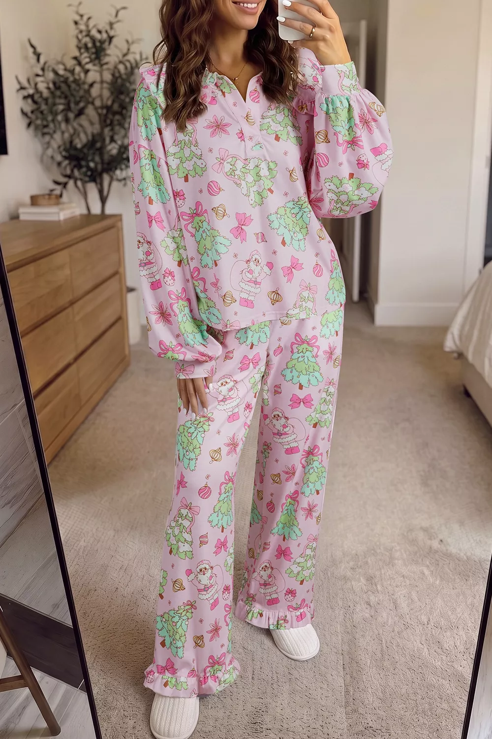Christmas Print Button Front Long Sleeve Lounge Set, image 3