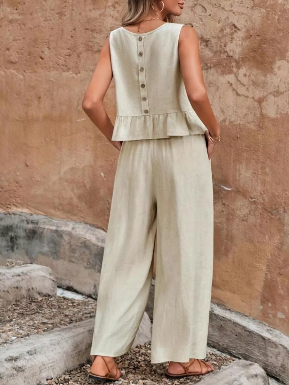 Sleeveless Ruffle Hem Top and Wide Leg Pants Two-Piece Set, image 5