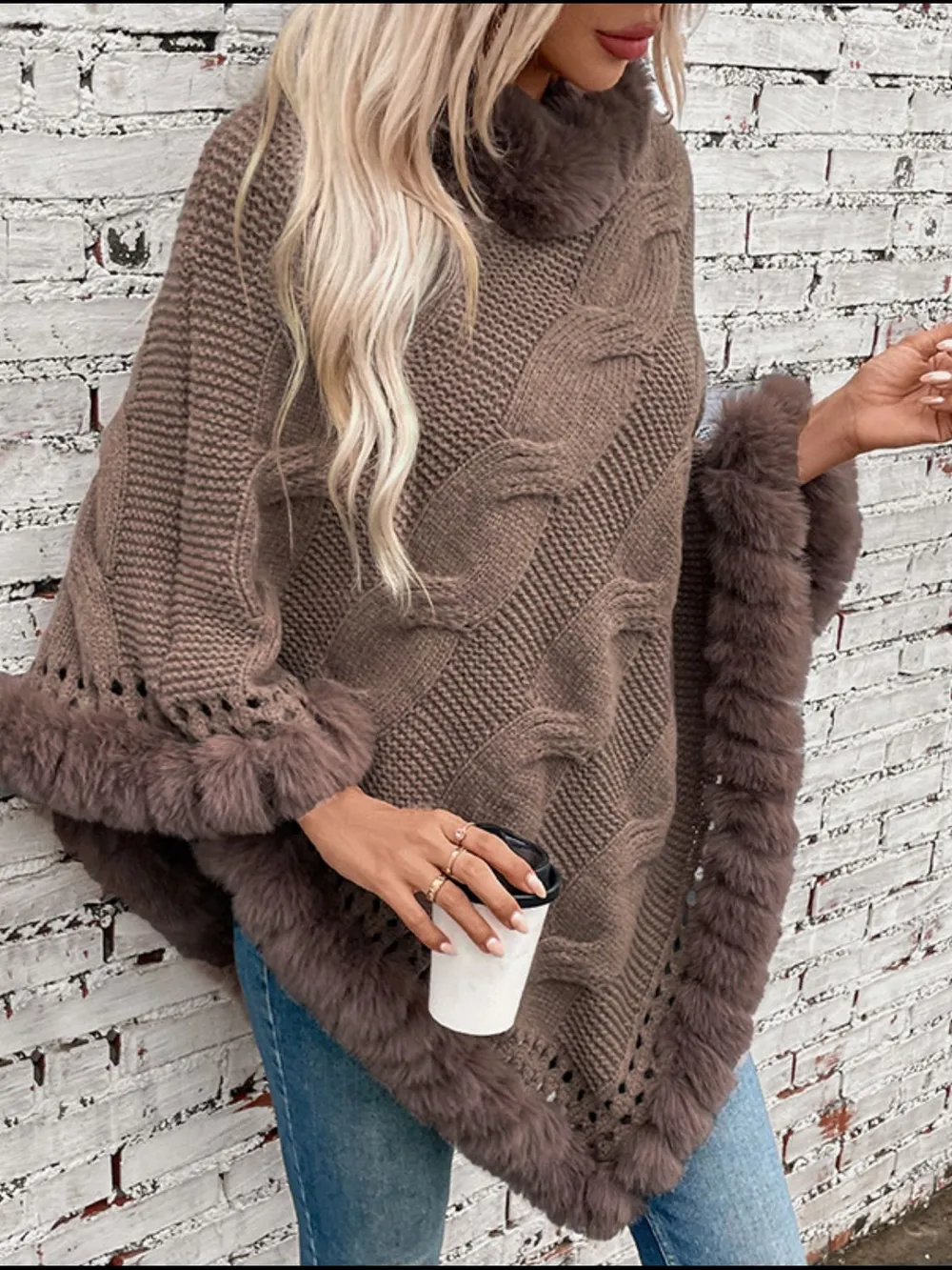Fuzzy Hem Cable-Knit Poncho, image 5