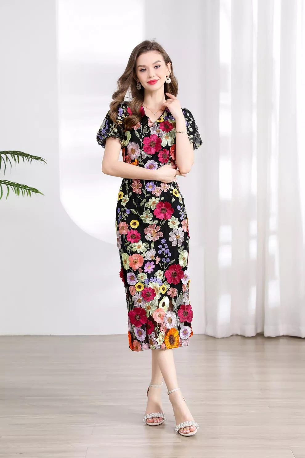 Floral Embroidered Puff Sleeve Midi Dress, image 30