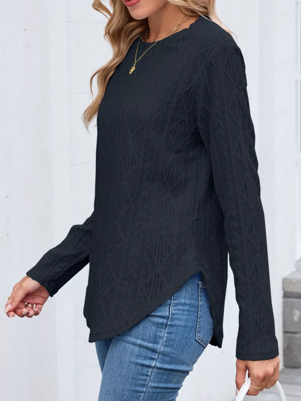 Openwork Textured Long Sleeve Top, image 9