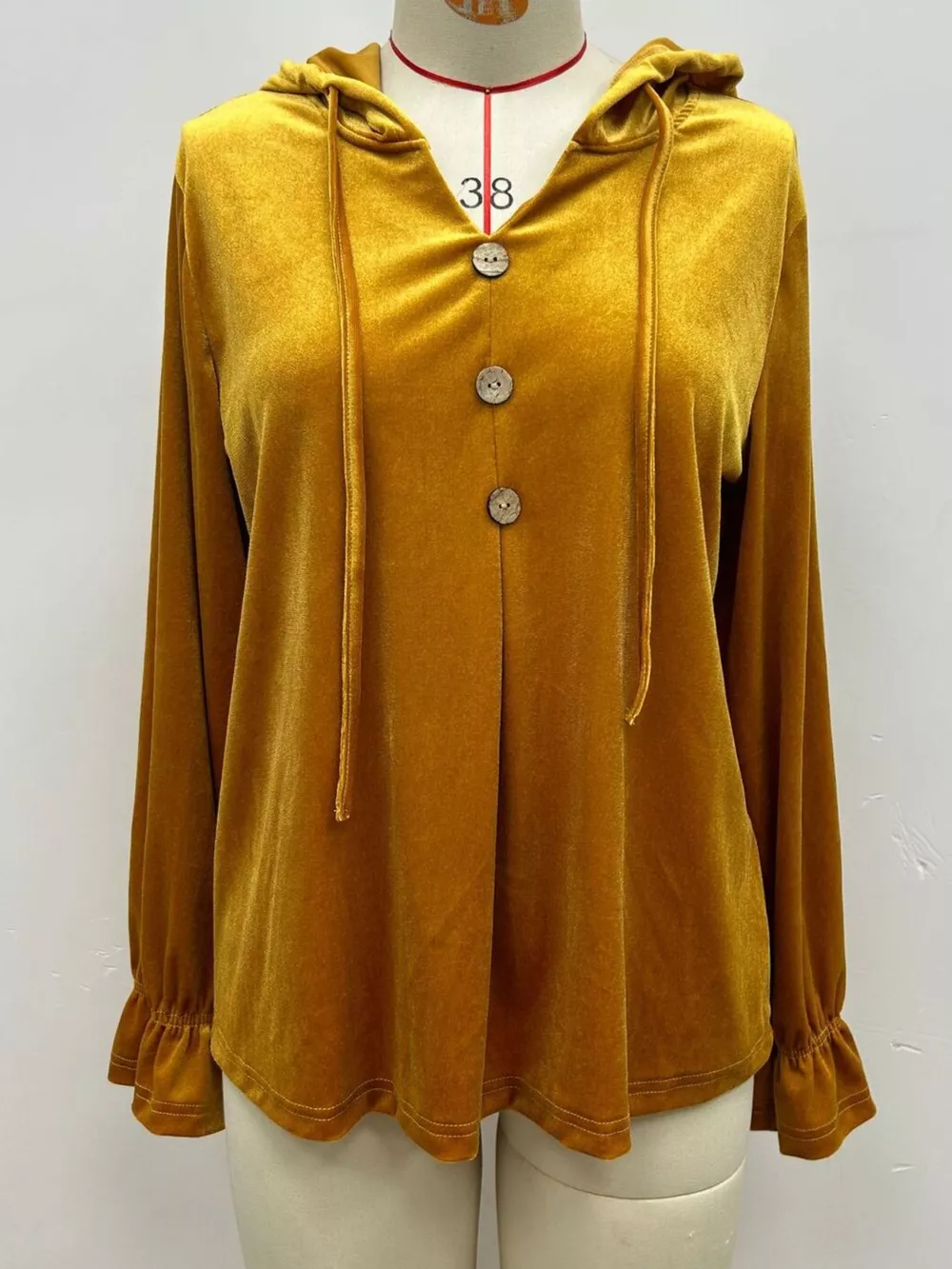 Full Size Decorative Buttons Velvet Hoodie Plus Size, image 5