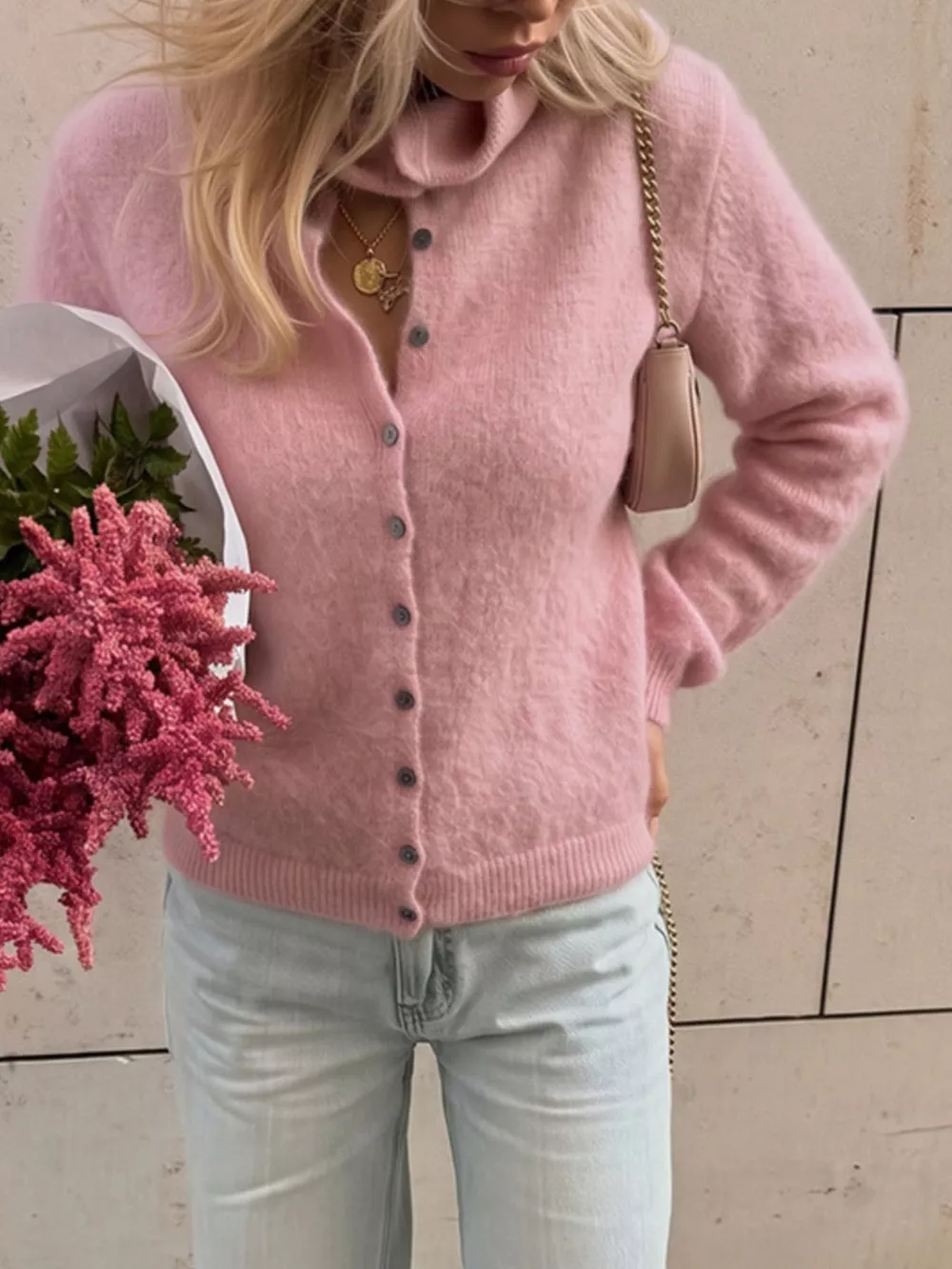 Mock Neck Button-Down Fuzzy Knit Cardigan, image 7